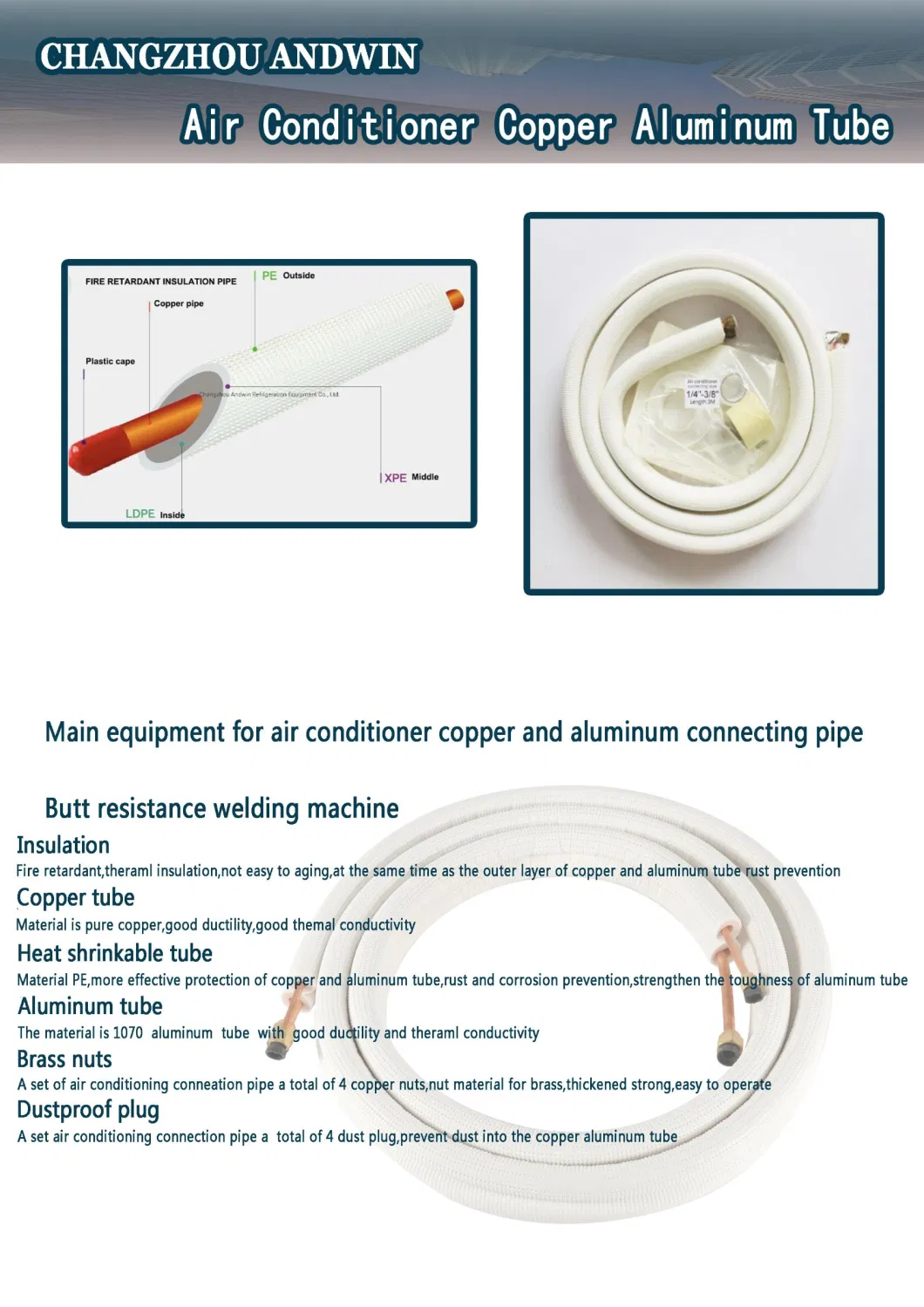 Air Conditioner Part Cu-Alu Welded Insulation Pipe
